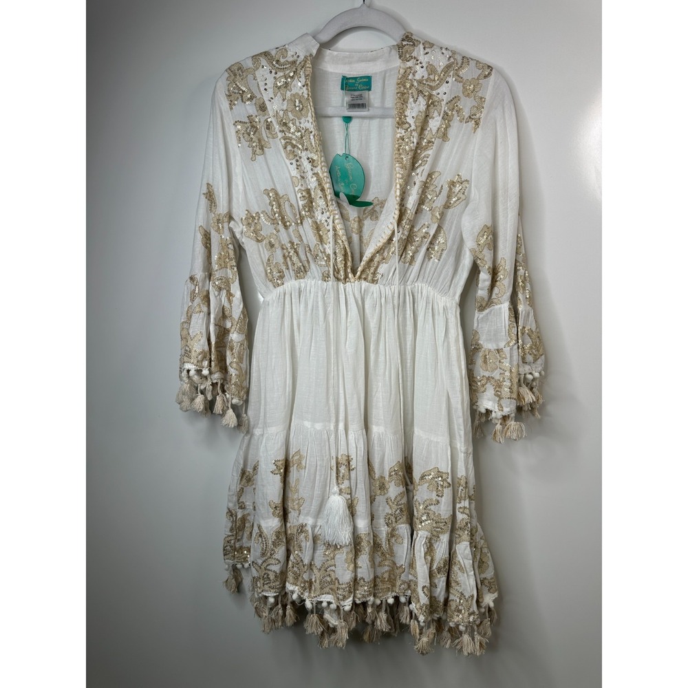 NWT Antica Sartoria Dress One Size White Gold Sequin Tassel Boho Beach Cotton - Picture 14 of 14